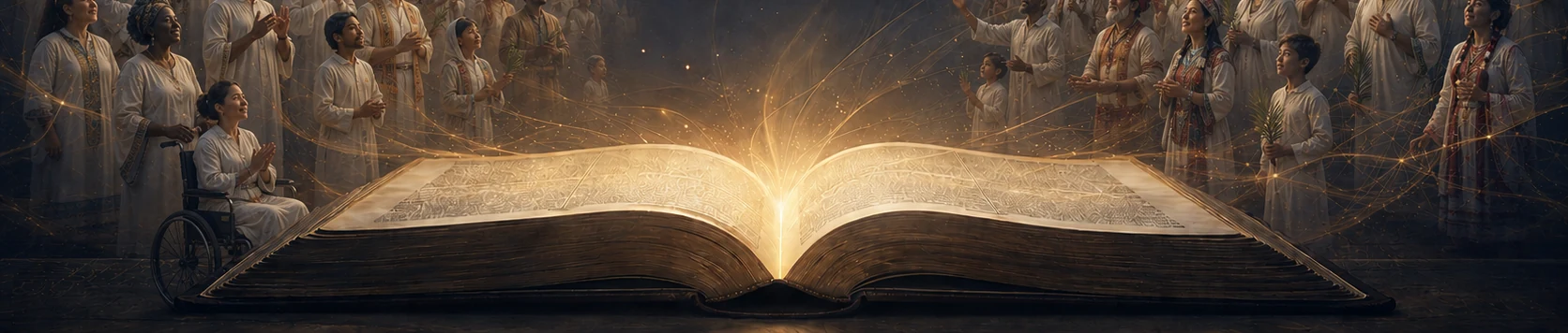 An open Bible illuminated before the gathered multitude